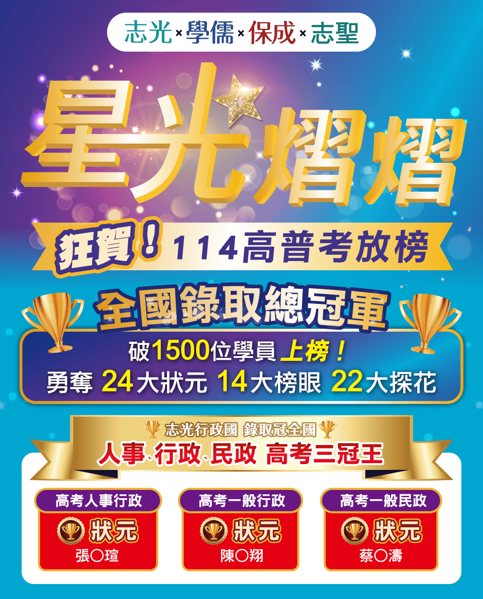 狂賀！114高普考放榜 全國錄取總冠軍 破1500位學員上榜！勇奪24大狀元14大榜眼22大探花